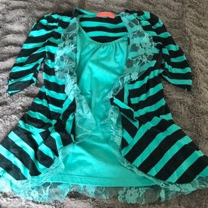Open front lace trim striped tank top S ruffle seafoam charcoal black Spoiled